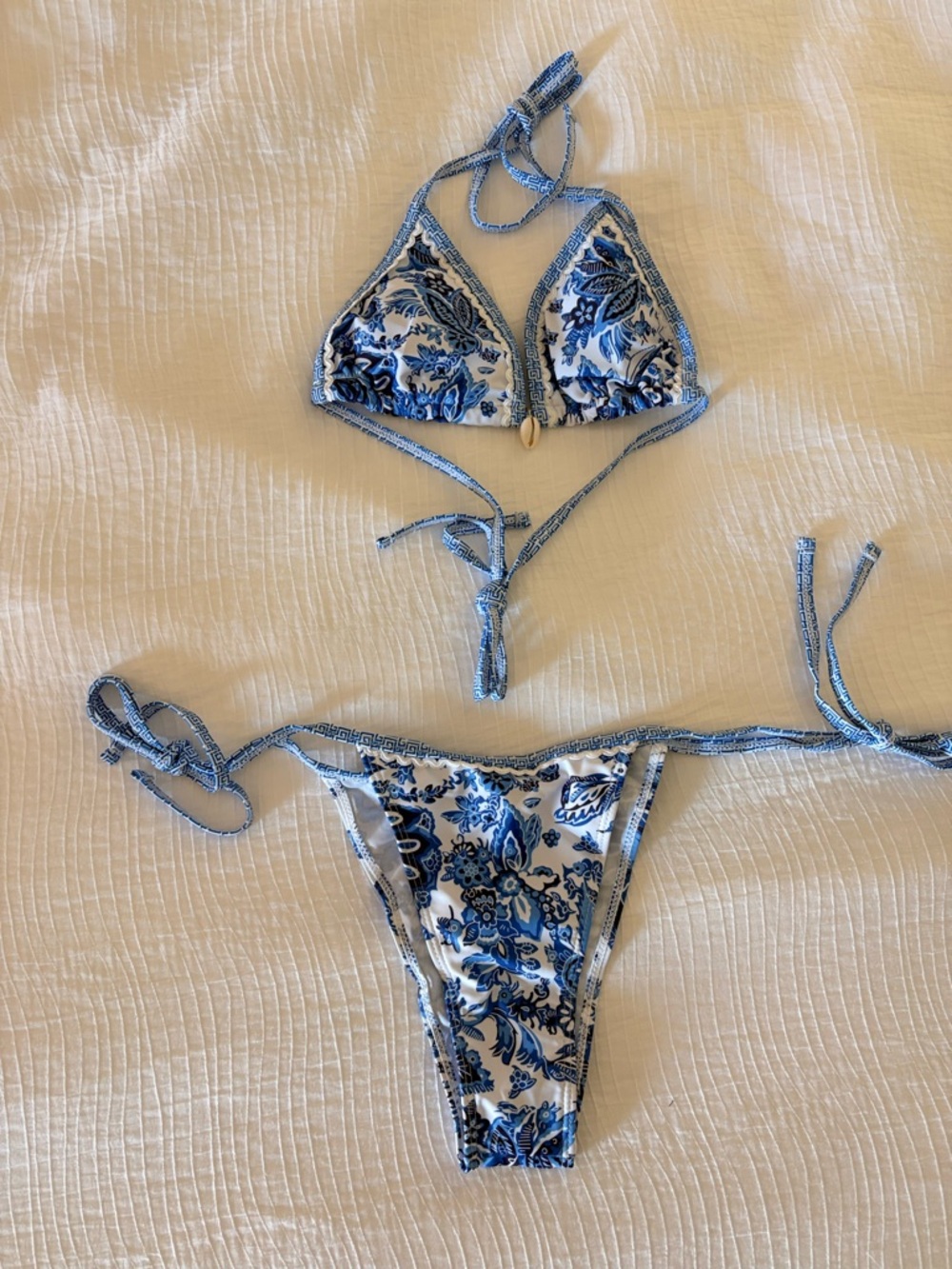 Blue and White Floral String Bikini Set
